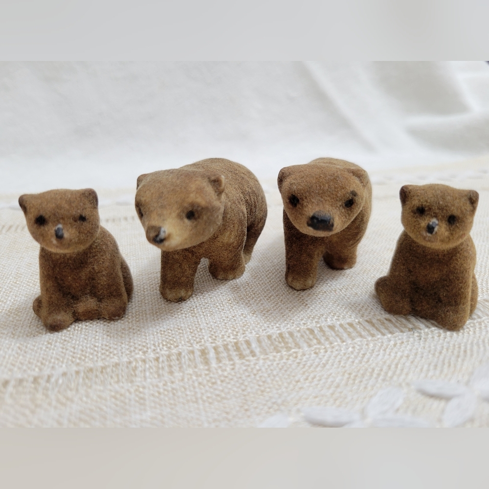Set of Vintage Flocked Brown Bear Figurines